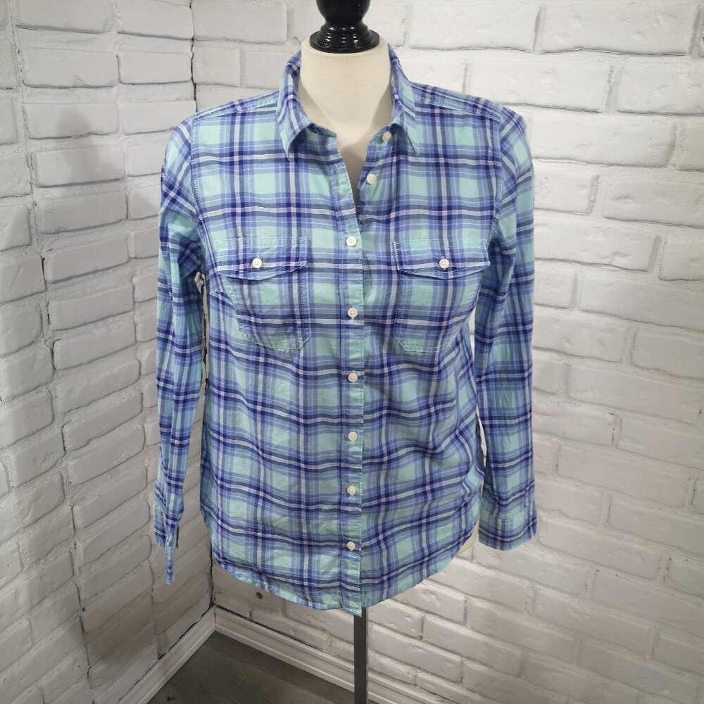 St John's Bay Ladies Size Medium Blue & Teal Plaid Button Front & Cuffs Shirt